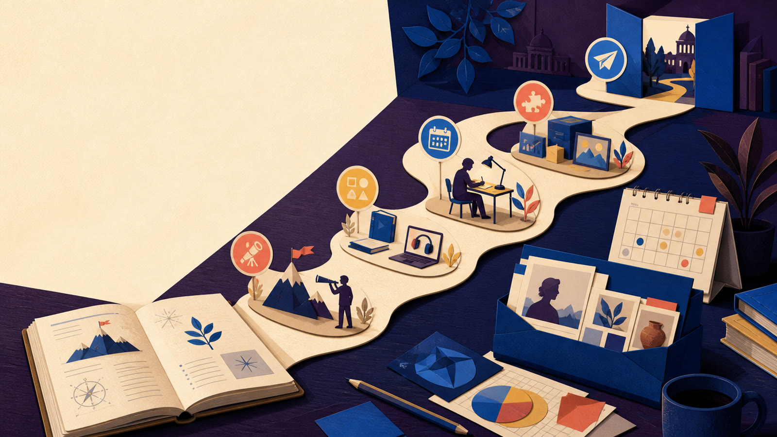 Original paper-cut editorial illustration of a learning journey moving from a goal and study calendar through project work to a portfolio and career application